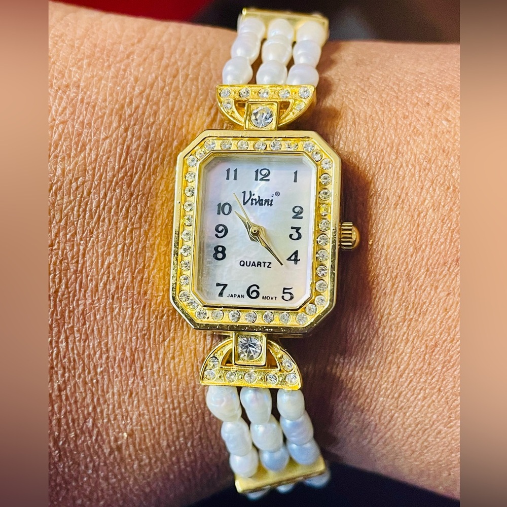 Vivani Quartz Watch with Mother of Pearl Dial and Triple Strand Real Pearls.
